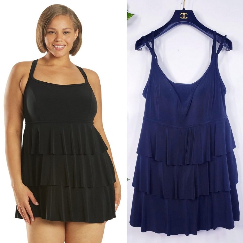 LONGITUDE Black Layered One Piece Swimdress 16 XL